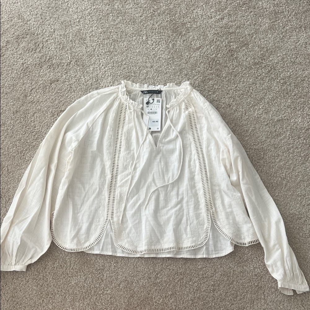 Zara Cream Boho Tie-Neck Blouse with Crochet Trim